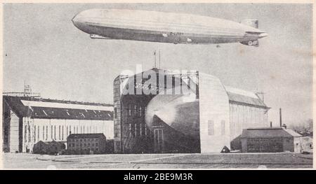 Vintage 1930s black and white photo of Graf Zeppelin at Friedrichshafen. Stock Photo