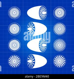 Aircraft white engine turbines on blue background. Vector flat illustration Stock Vector