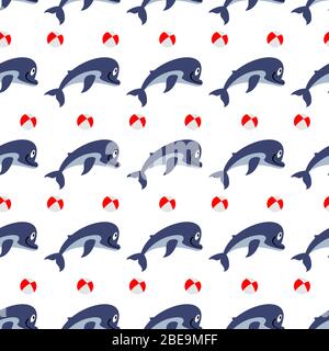 Cute dolphins with ball seamless pattern - sealife seamless texture. Vector illustration Stock Vector