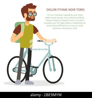 Eco travel concept - man with bicycle and backpack. Active travel with bicycle. Vector illustration Stock Vector