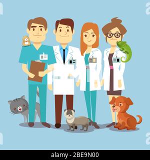 Flat veterinarians staff with cute animals. Veterinary and cartoon animals, vector illustration Stock Vector