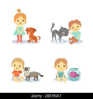 Kids and pets isolated on white background - boys and girls with animals. Dog and cat, happy child with pets. Vector illustration Stock Vector