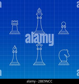 White chess pieces silhouettes on blue notebook backdrop. Vector illustration Stock Vector