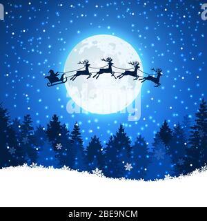 Christmas background with Santa and deers flying on the sky. Xmas concept reindeer and santa claus illustration Stock Vector