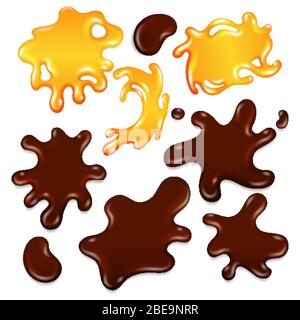 Realistic chocolate and honey drops and blots isolated on white. Vector honey and chocolate sweet dessert illustration Stock Vector