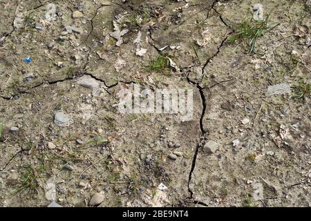 Cracked earth showing dryness of the ground resulting unusual lack of rain in the UK. Springtime in Britain is normally a very wet time of year but no Stock Photo