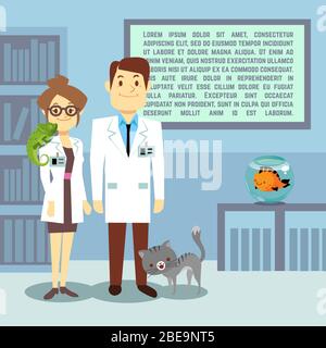 Flat veterinary office with doctors and animals. Medical office hospital, vector illustration Stock Vector