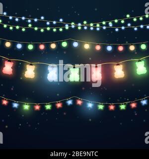 Set of colorful light garlands for xmas holiday, color light bulb christmas to party decoration. Vector illustration Stock Vector