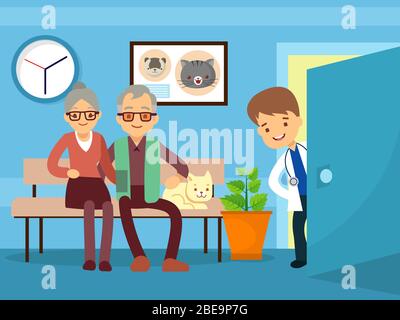 Elderly couple and cat at veterinarian. Veterinary clinic, vector illustration Stock Vector
