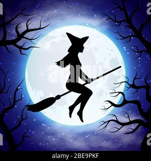 Silhouette of witch flying on the broom in Halloween night. Halloween witch on broom. Vector illustration Stock Vector