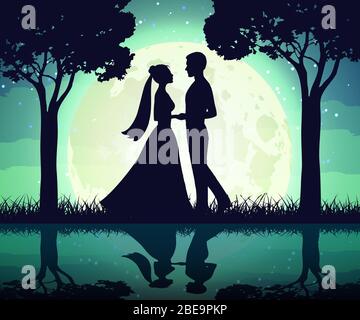 Silhouettes of the bride and groom on the moon background. Romance night man and woman in moonlight, vector illustration Stock Vector