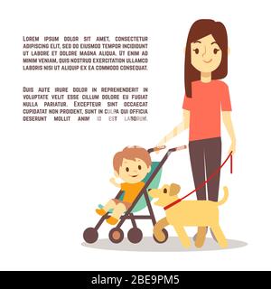 Young mother with baby carriage kid and dog - motherhood poster design. Vector illustration Stock Vector