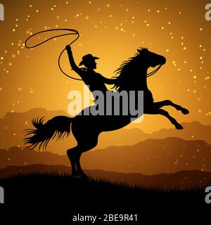 Silhouette of cowboy with lasso on rearing horse. Cowboy man with horse sunrise. Vector illustration Stock Vector