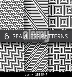 Striped geometric vector seamless patterns set. Kinetic art endless wallpapers. Illustration of geometric monochrome texture collection Stock Vector