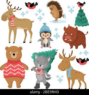Happy forest animals in winter and christmas trees isolated on white background vector set. Forest animal bird and wolf, boar and elk, character christmas cartoon illustration Stock Vector