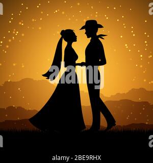 Silhouettes of young woman and cowboy man. Love couple, vector illustration Stock Vector