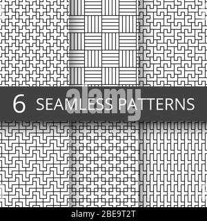 Geometric seamless vector patterns set. Modern line repeat graphics with simple geometrical shapes. Geometric line seamless pattern collection illustration Stock Vector