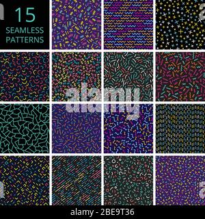 Postmodern fashion memphis color seamless retro backgrounds in 80s and 90s style design. Collection of patterns with color elements illustration Stock Vector
