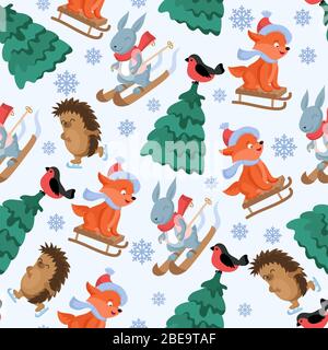 Christmas forest animals vector seamless pattern. Funny woodland animal characters repeat background. Christmas winter animal seamless pattern illustration Stock Vector