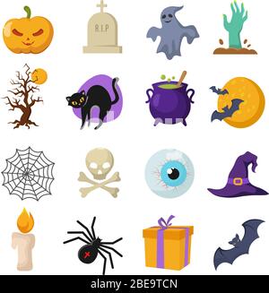 Halloween cartoon vector cute characters. Ghost and witches hat, pumpkin and bat icons Stock Vector