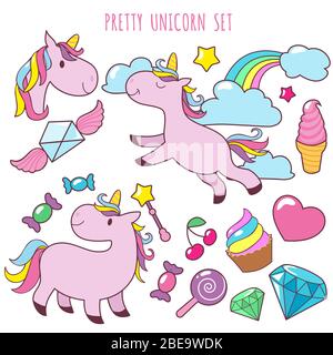 Retro cartoon pink unicorns vector girl fashion patch badges with fancy rainbow, cupcake, ice cream and sweets. Unicorn sticker and cupcake, diamond and rainbow illustration Stock Vector