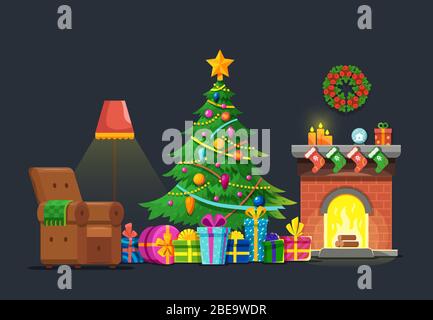 Cartoon living room with xmas tree and fireplace. Christmas holiday vector flat concept. Christmas fireplace interior, xmas in living room with furniture and green tree illustration Stock Vector