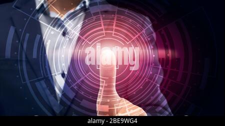 Businessman Scanning Finger Print Touching Virtual Panel, Panorama, Cropped Stock Photo