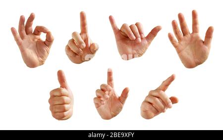 collection of seven male hand signs isolated in white background Stock Photo