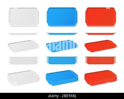 Realistic plastic blank food tray with handles. Rectangular kitchen salvers. Plastic tray for canteen illustration, plate rectangle stack vector Stock Vector