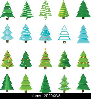 Flat christmas winter trees with festive xmas decoration vector collection. Winter christmas tree set illustration Stock Vector