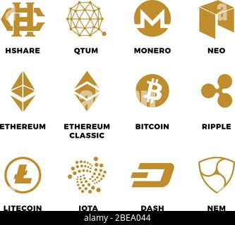 Popular cryptocurrency bitcoin blockchain vector symbols. Virtual money bitcoin and cryptocurrency, ethereum and litecoin illustration Stock Vector