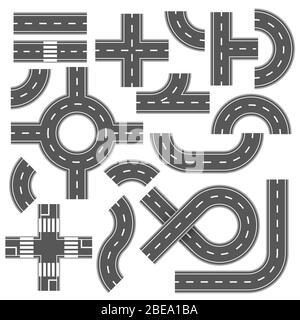 Street and road with footpaths and crossroads. Vector elements for city map. Highway asphalt path traffic streets Stock Vector