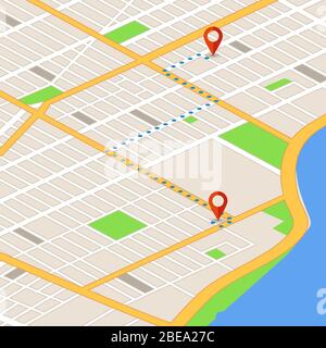 Isometric 3d map with location pins. Gps navigation vector background. Route on 3d map navigator, gps location on street illustration Stock Vector