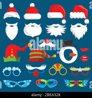 Christmas holiday photo booth props vector collection. Xmas santa party photography prop set. Xmas holiday photo booth elements costume and beard with nose illustration Stock Vector