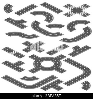 Isometric road and highway vector elements for city map creation. Road highway path for traffic illustration Stock Vector