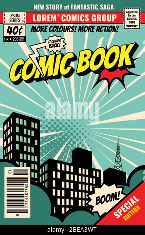 Retro magazine cover. Vintage comic book vector template. Book cover for comic cartoon magazine page illustration Stock Vector