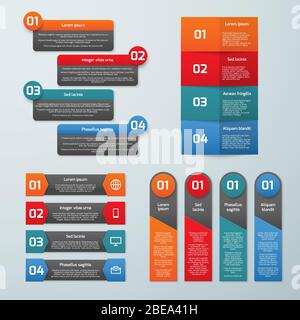 Step by step options vector infographic templates. Information tabs and presentation banners set. Step business colored brochure, infographic number order illustration Stock Vector