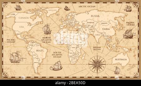 Vector antique world map with countries boundaries. Antique world vintage map, grunge america and europe illustration Stock Vector