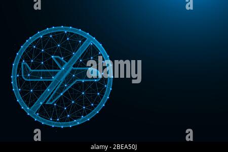 Flight ban made from points and lines on dark blue background, Airport closed wireframe mesh polygonal vector illustration Stock Vector