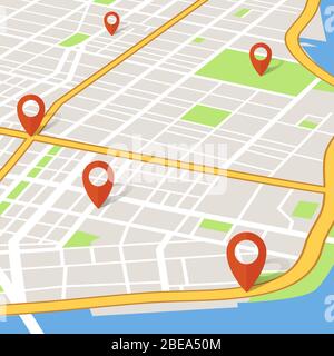 Perspective 3d city map with pin pointers. Abstarct gps navigation vector concept. Illustration of map navigator gps, town navigation road Stock Vector