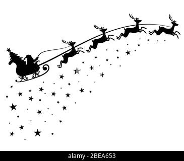 Santa Claus on sleigh flying sky with deers black vector silhouette for winter holiday decoration and Christmas greeting card. Monochrome santa claus with christmas tree in night sky illustration Stock Vector