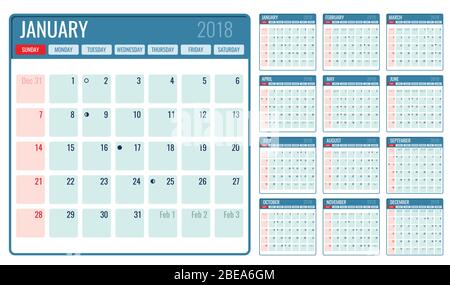 Vector monthly calendar template 2018 year. Illustration of month planner page Stock Vector