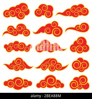 Chinese and japanese style red clouds. Vector collection of cloud oriental style illustration Stock Vector