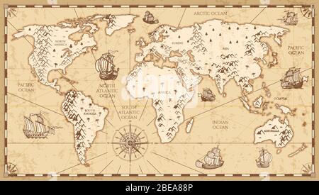 Vintage physical world map with rivers and mountains vector illustration. Retro vintage old world map with antique travel ship Stock Vector