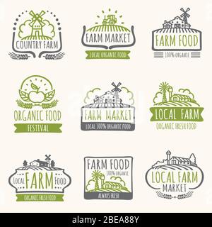 Retro farm market signs. Vintage fresh organic food vector labels with harvest field. Illustration of farm organic label for natural product Stock Vector