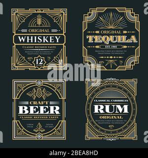 Vintage whiskey and alcoholic beverages vector labels in art deco retro style. Alcohol whiskey rum and tequila poster illustration Stock Vector