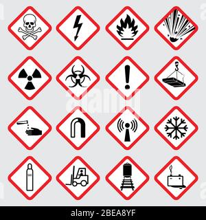 Warning hazard vector pictograms. Illustration of danger caution symbol, toxic and poison Stock Vector