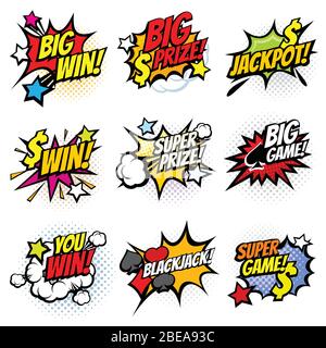 Vintage pop art comic bubbles with gambling winning words vector set. Win prize and jackpot in game illustration Stock Vector