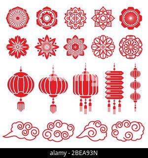 Traditional chinese and japanese decorative design vector elements. Japanese and chinese traditional decoration red lantern illustration Stock Vector