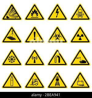 Warning and hazard symbols on yellow triangles vector collection. Safety and caution, risk alert information illustration Stock Vector